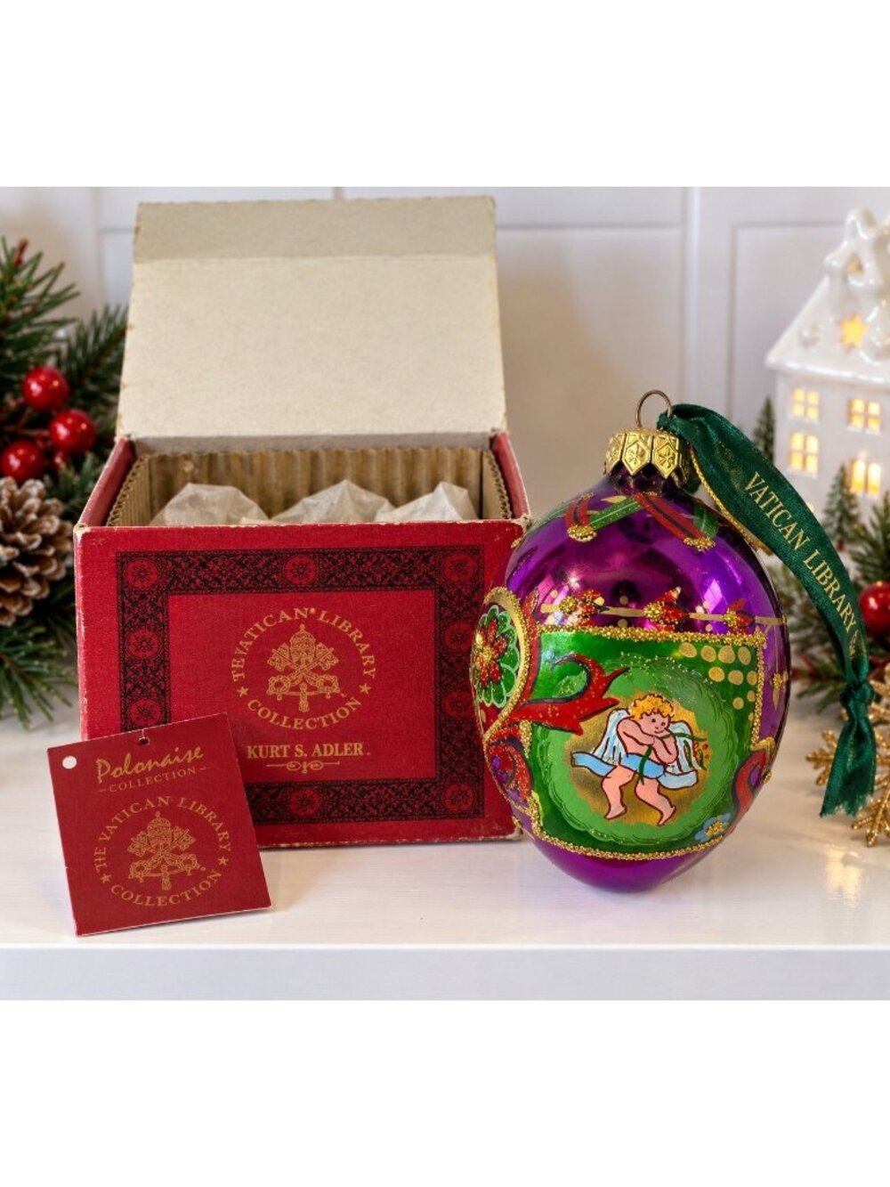Polonaise Vatican Library Cherub Angel Purple Glass Ornament 4" Boxed - Picture 1 of 8